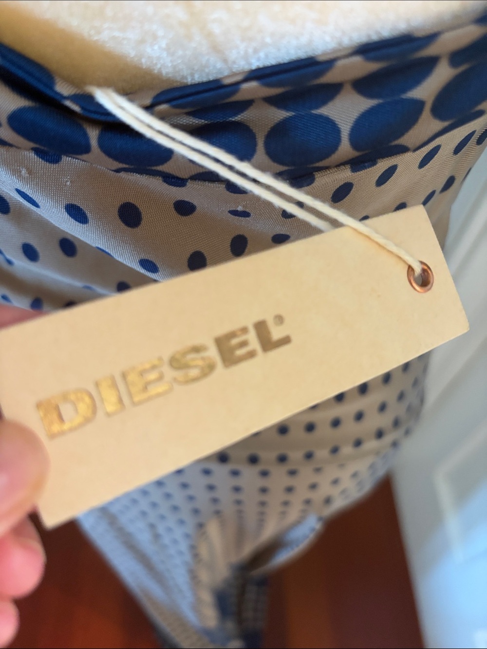 Diesel Taupe Satin Slip Dress with Navy Polka Dots - Picture 4 of 6